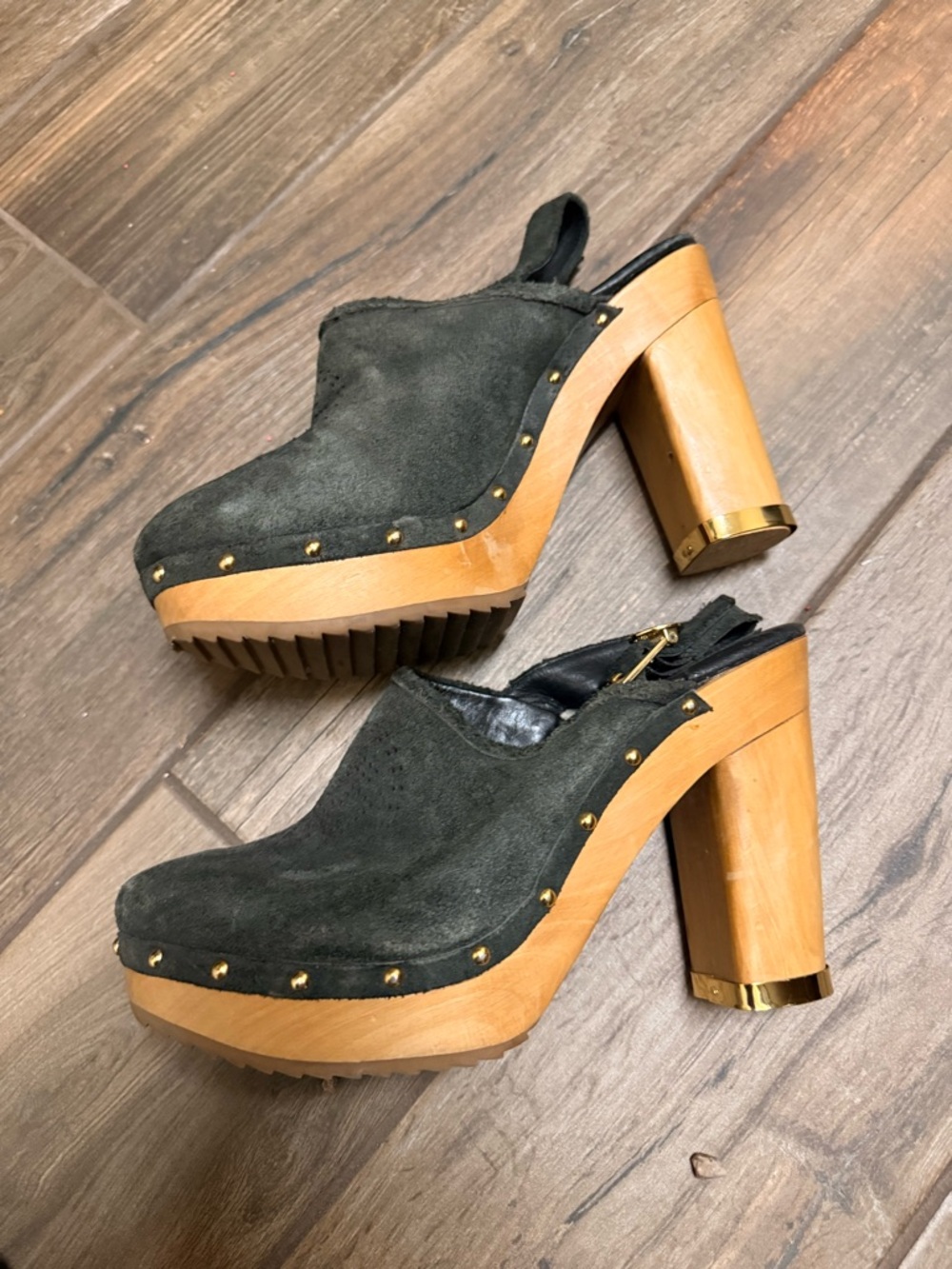 Tory Burch Olive Suede Wooden Platform Clogs with Gold Studs